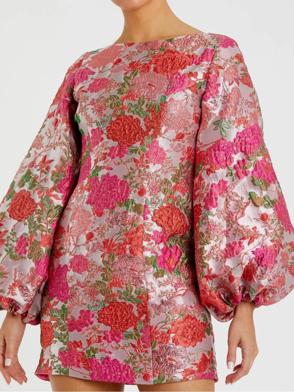 Mac Duggal Pink Floral Brocade Mini Dress with Puff Sleeves NWT